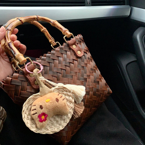 Bag Lady 2024 New Wicker Top Handle Bag Bamboo Node Grass Weaving Handmade Bamboo Tote Bag Retro Beach Bag