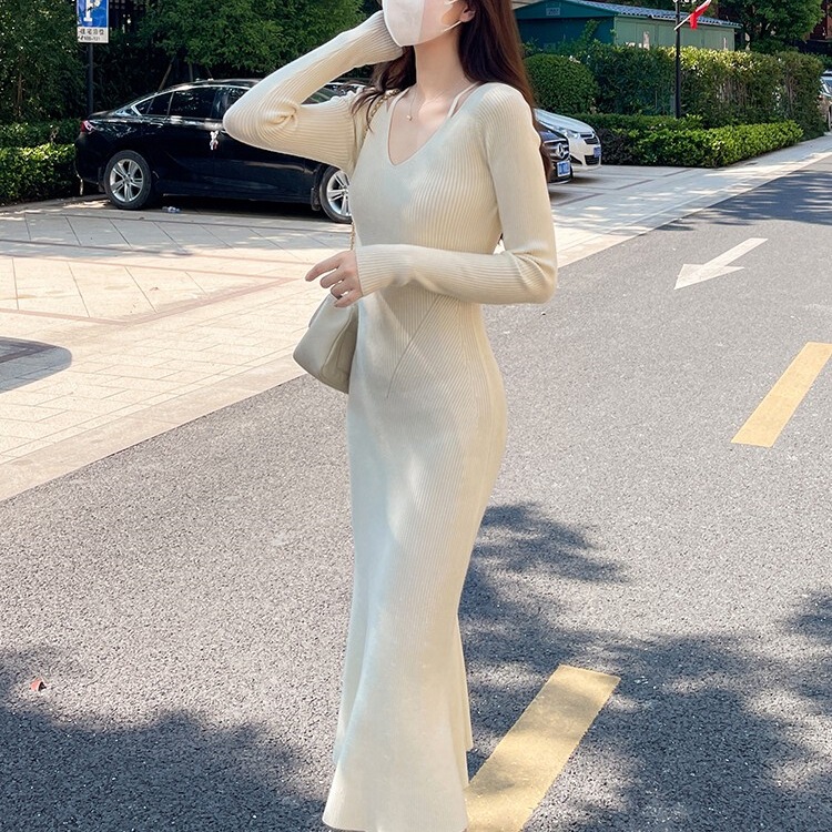 秋冬装长款过膝百搭连衣裙针织纯色针织衫修身内搭女收腰毛衣裙子|undefined