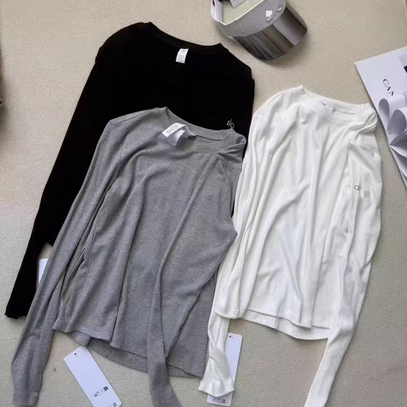 Alo Pilates Long-Sleeved Pure Cotton Bottoming Shirt Spring & Fall Women's Sports Quick-Drying Threaded Fitness Training Yoga Clothing Top