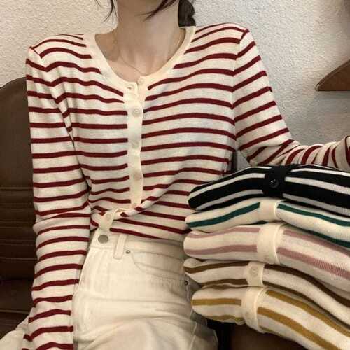 2025 early autumn long-sleeved sweater outer Korean style new thin striped top knitted cardigan women's clothing