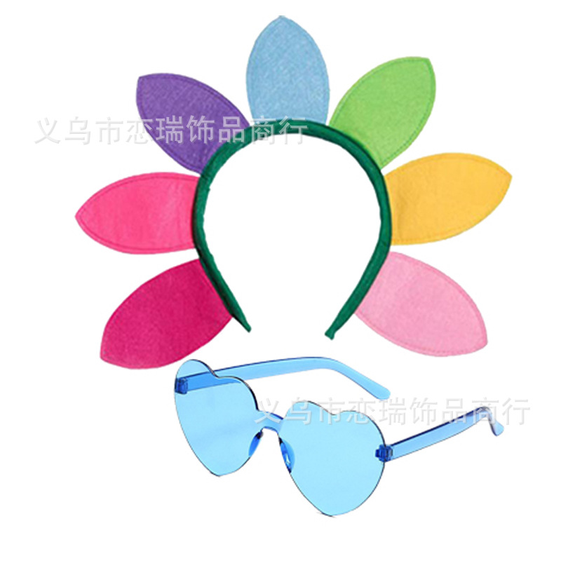 Fiesta de baile Diadema de girasol Color del arco iris Gafas de amor Malla Imagen Falda Pantimedias Combinación Set Spot