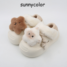 SUNNYCOLOR可爱毛绒棉拖鞋女冬季可拆卸加绒保暖外穿厚底月子棉鞋
