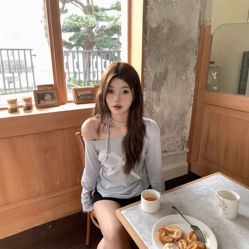 92 Cotton 8 Spandex Slant Collar Lace-Up Long-Sleeved T-Shirt New Lace Bow Slim Short Top 92 Cotton 8 Spandex Slant Collar Lace-Up Long-Sleeved T-Shirt New Lace Bow Slim Short Top