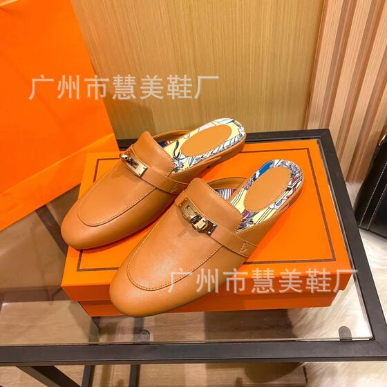 Closed toe half slippers women's outdoor sandals 2023 New H home lock flat Muller shoes all-match low heel loafers