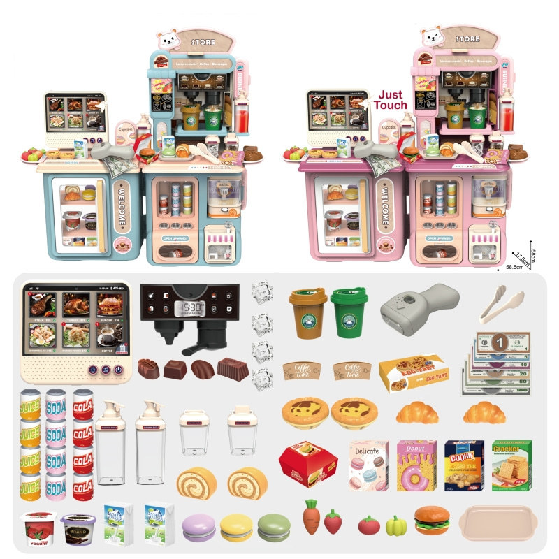 Función táctil de simulación infantil transfronteriza venta de cajeros de supermercado de hamburguesas dulces cafetera juguetes caseros