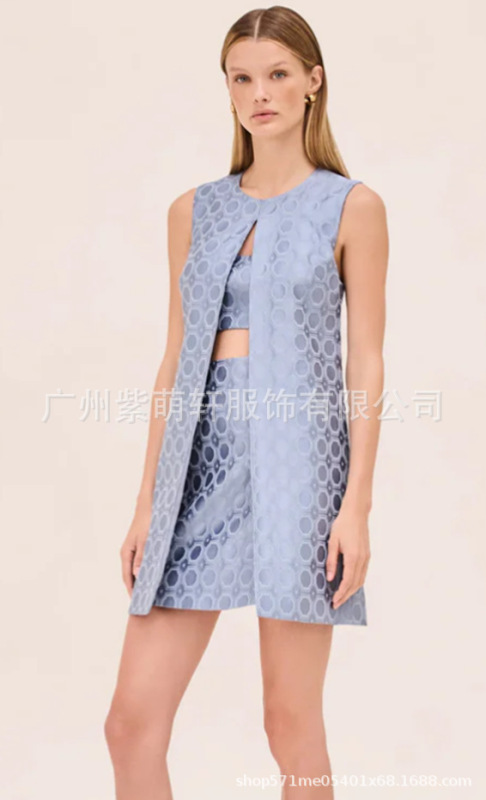 2025欧美跨境独立站新款女装高级感分体无袖开叉蓝色提花连衣裙|undefined