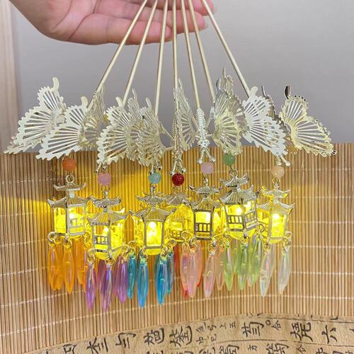 Original palace-style colorful luminous hairpins, lantern plate hairpins, high-end cheongsam accessories, hair accessories