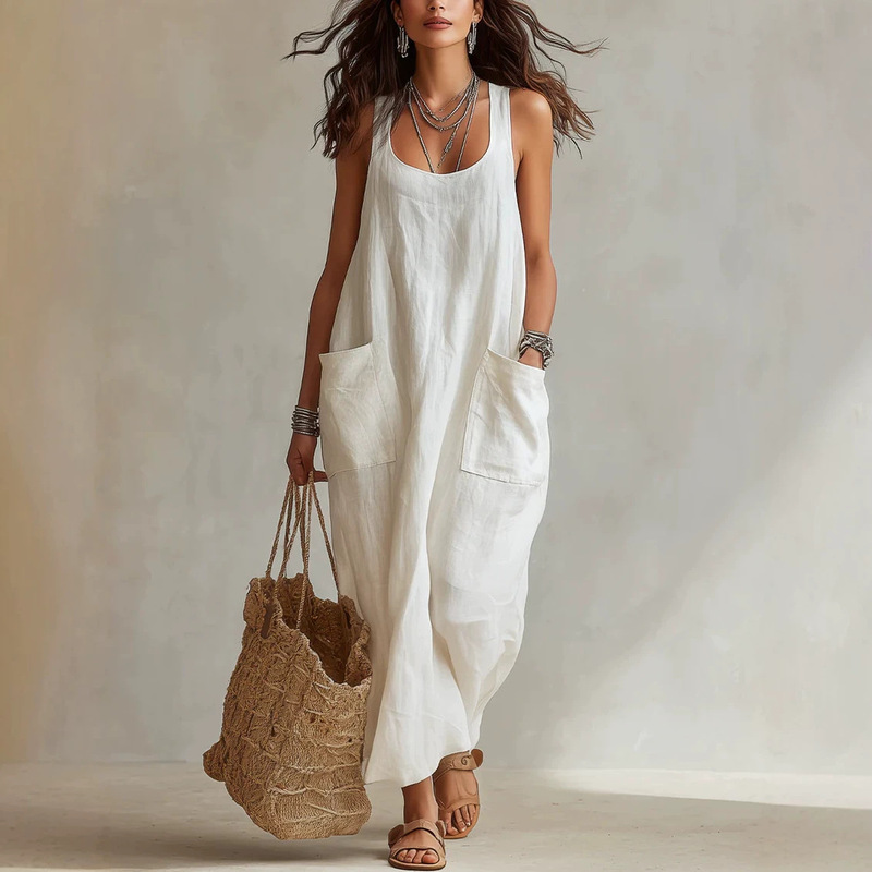2026 Summer European and American Cotton and Linen Strap Dress, Loose Fit with Large Pockets, Sleeveless Long Vacation Dress