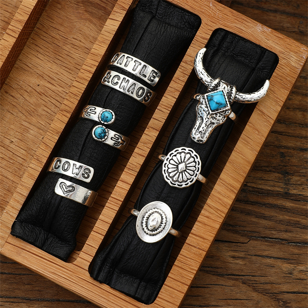 Retro Cowboy Style Western Style Geometric Letter Turquoise Alloy Wholesale Open Rings display picture 1