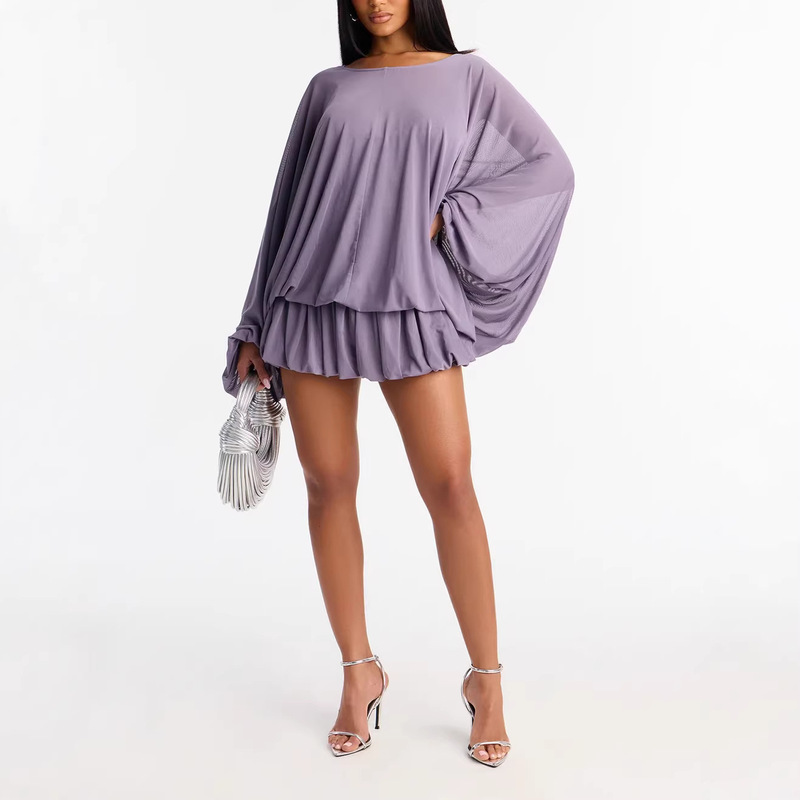 2026 New Model Amazon Foreign Trade Aliexpress Gray-Purple Sheer Batwing Sleeve Tie-Back Floral Hem Short Dress
