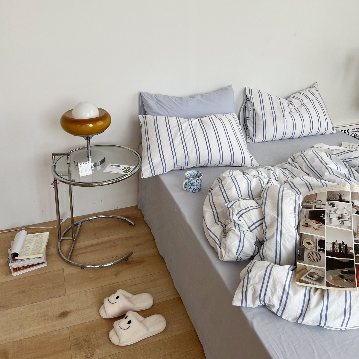 Miami Blue Strip Korea Dongdaemun Same Style Yarn-dyed Cotton Washed Cotton Striped Four-piece Bedding Pure Cotton