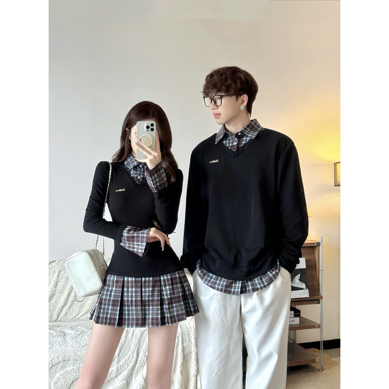 2025 Early Autumn Trendy Outfits: College Style Slim-Fit Knit Dress with Pleated Short Skirt Couple Outfit