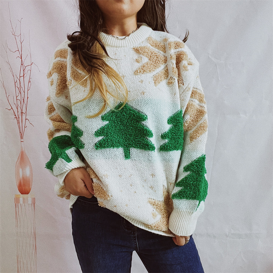 546g Weight Long Sleeve Sleeve Length Pullovers Placket Type knit Fabric Type Long Top Length Sweater Tops Type Christmas Occasion Round Neck Neckline Loose Fit Type Christmas Festival Christmas Tree Pattern Autumn&Winter Season Women's Gender Jacquard Design Streetwear Style Jacquard Craft Wholesale Women's Knit Streetwear Christmas Tree Long Sleeve Jacquard Sweaters & Cardigans 12