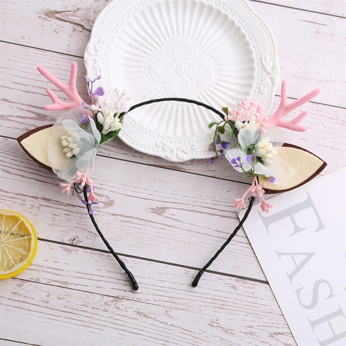 Los niños de Navidad cornamenta diadema venta al por mayor Rosa flocado pequeña cornamenta diadema DIY chica rendimiento accesorios para el cabello diadema