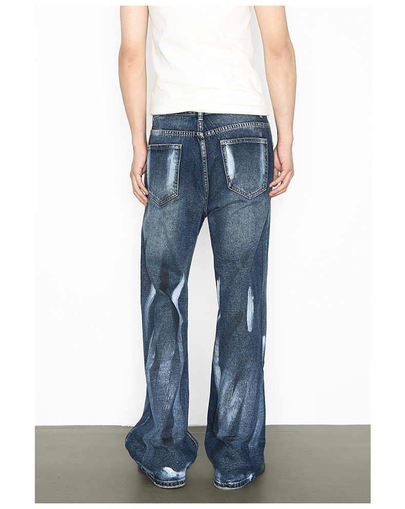 Hand-Painted American Style Straight-Leg Jeans For Men - Vintage Washed Denim Pants With Flared Hem, Comfortable Cotton Blend Fabric_mkmklike.com