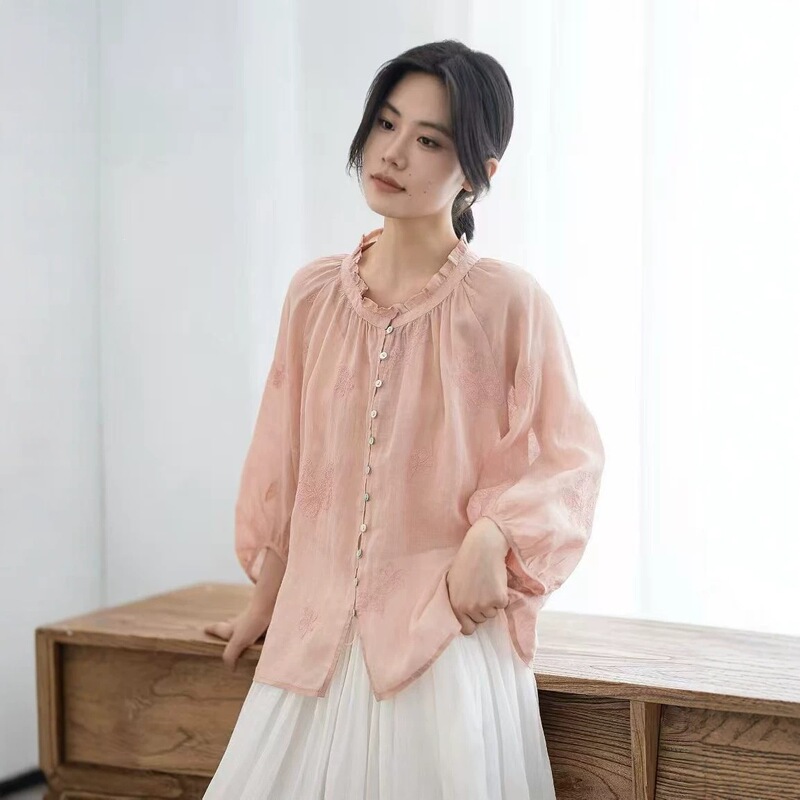 Floral Pure Ramie Shirt with Same-Color Butterfly Embroidery and Ruffled Lace Collar, New Artistic Style for Summer 2026