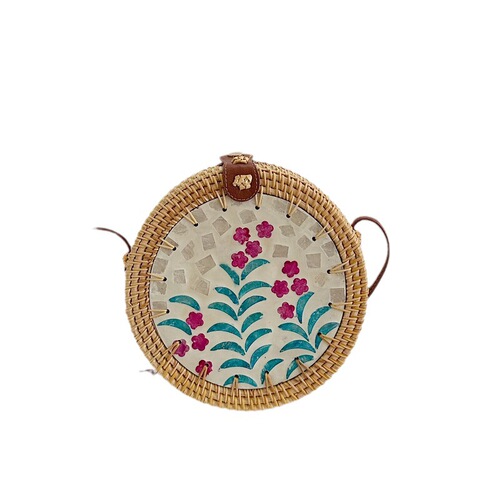 Vietnamese Autumn Vine Weaving Instagram Style Round Colorful Shell Patchwork Bag Women's Single Shoulder Crossbody Bag Beach Grass Woven Bag