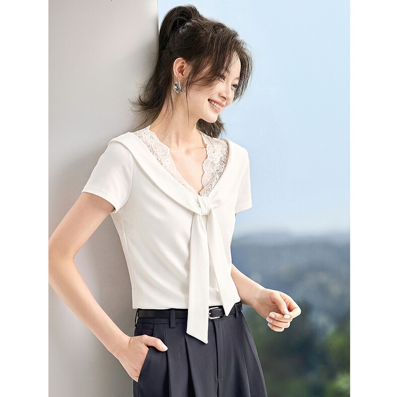 Soft Nautical Style 2026 Summer New Model Patchwork Lace Navy Collar Tie-Up Regular Shoulder Fitted T-Shirt Soft Nautical Style 2026 Summer New Model Patchwork Lace Navy Collar Tie-Up Regular Shoulder Fitted T-Shirt