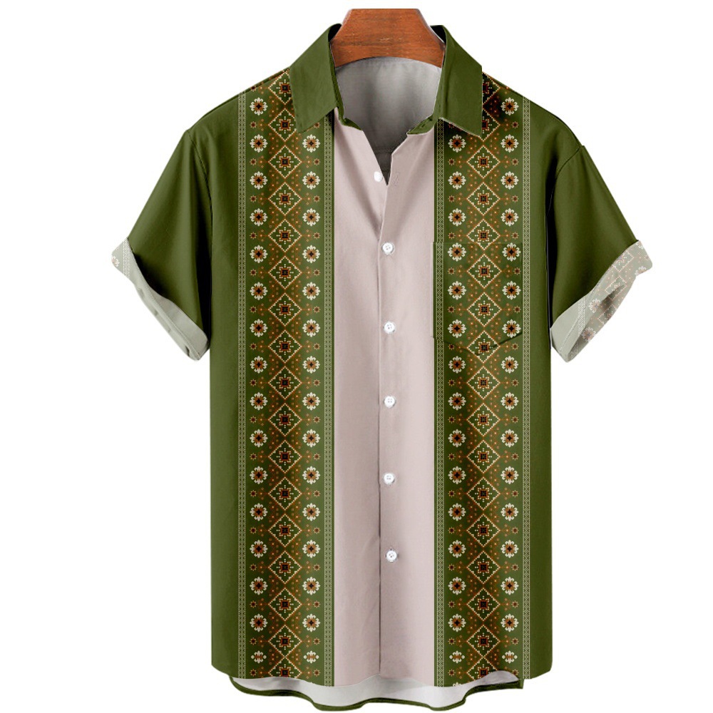 2023 nuevo verano transfronterizo rayado floral 3D Impresión digital manga corta moda solapa camisa de bolsillo de los hombres