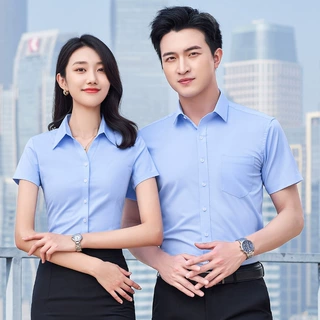 男女同款职业装衬衫短袖套装夏季60精棉衬衣教师工作服刺绣LOGO