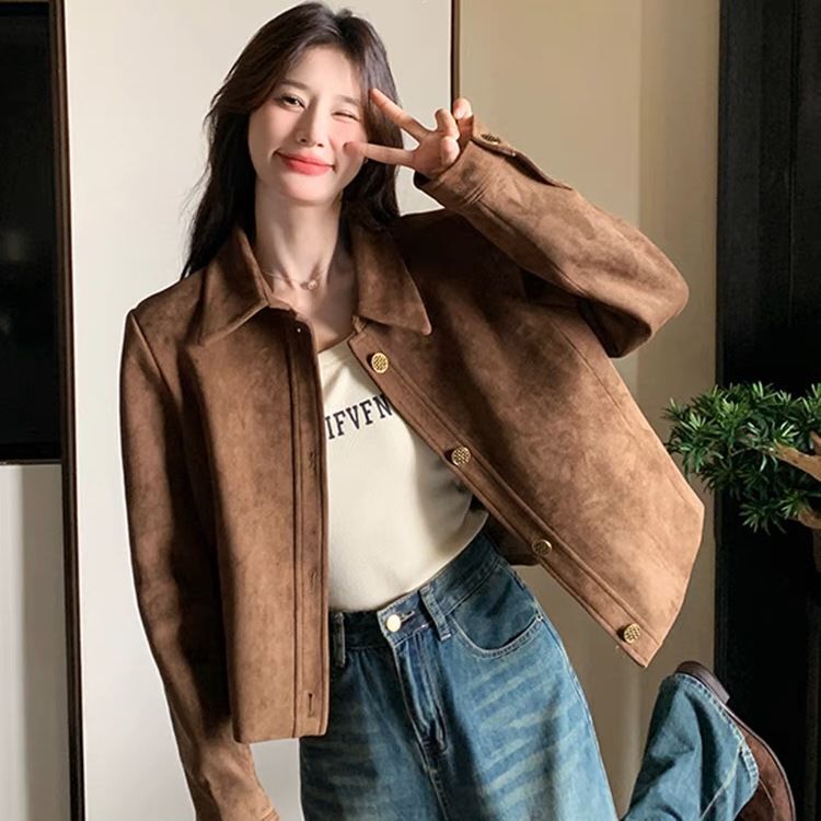 咖色鹿皮绒短款外套女春秋新款韩系美拉德复古小个子休闲夹克上衣|undefined