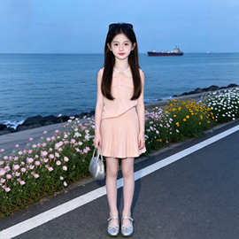韩系洋气上衣娃娃领无袖背心女童百褶短裙套装2026夏季新款穿搭潮