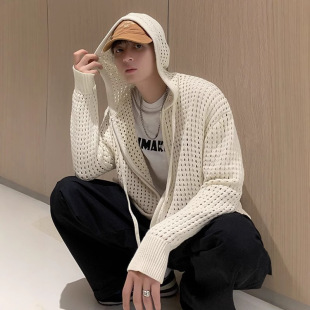 Hollow Knitted Knitwear Men's Oversize Design Cardigan Knitwear Loose Hong Kong Style Bf Trendyy Personalized Hooded Top