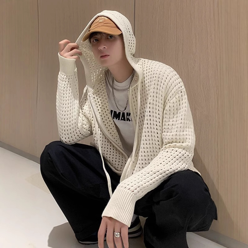 Hollow Knitted Knitwear Men's Oversize Design Cardigan Knitwear Loose Hong Kong Style Bf Trendyy Personalized Hooded Top Hollow Knitted Knitwear Men's Oversize Design Cardigan Knitwear Loose Hong Kong Style Bf Trendyy Personalized Hooded Top