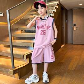 男童夏装速干背心套装2025新款夏季中大儿童男孩薄款篮球服运动衫