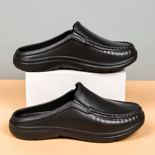 New EVA toe-cap half-slippers for men—casual leather shoes, oil-resistant and non-slip, chef’s shoes, slip-on loafers, driving shoes.