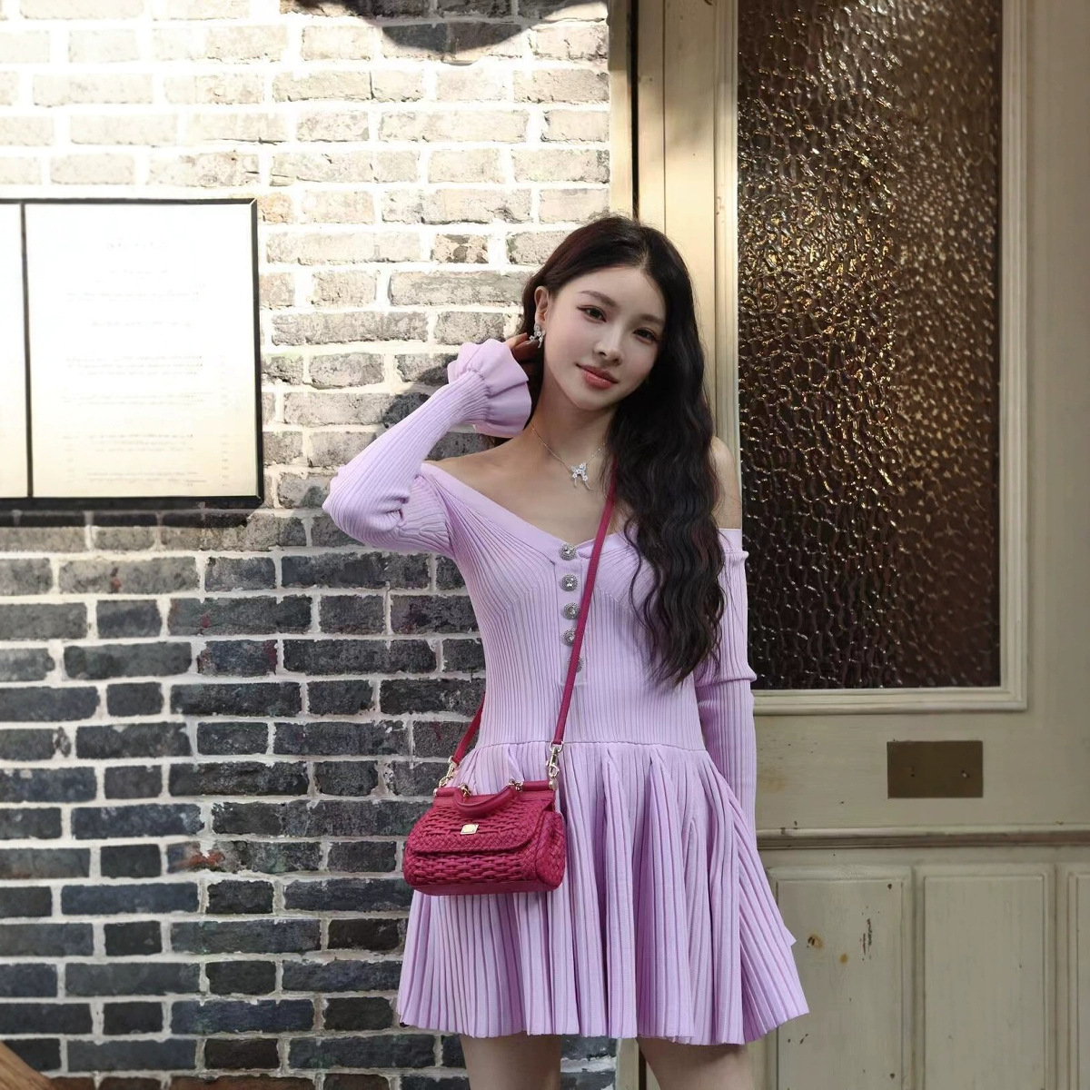 S Home 2025 Spring/Summer New Sweet and Gentle Little Chanel Style P Rhinestone Decorated Stunning Off-Shoulder Knitted Dress for Women