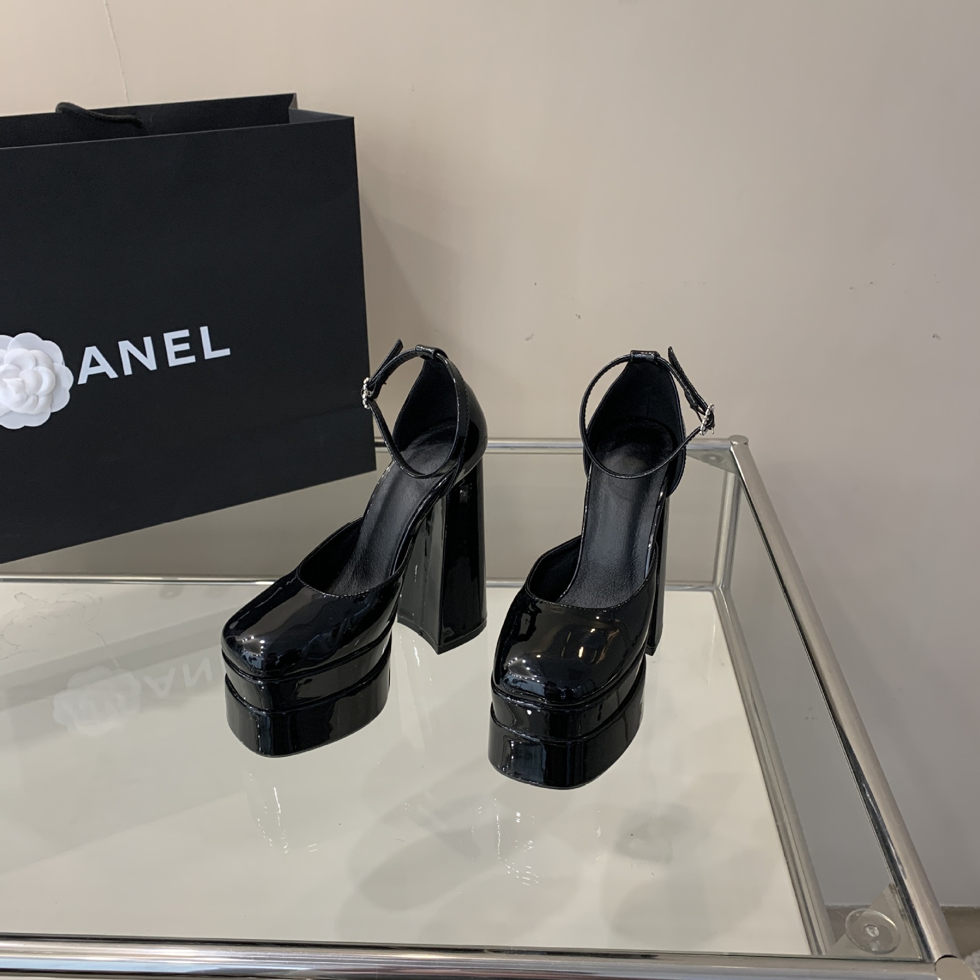 Sandal cao gót nữ mũi vuông quai ngang khóa kim cương gót 14 cm — Màu đen chi tiết 7