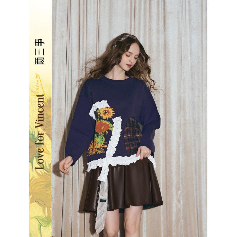 Van Gogh Art Roman Magazine 2025 Autumn/Winter New Lace Patchwork Floral Pattern Pullover Sweater for Women Van Gogh Art Roman Magazine 2025 Autumn/Winter New Lace Patchwork Floral Pattern Pullover Sweater for Women