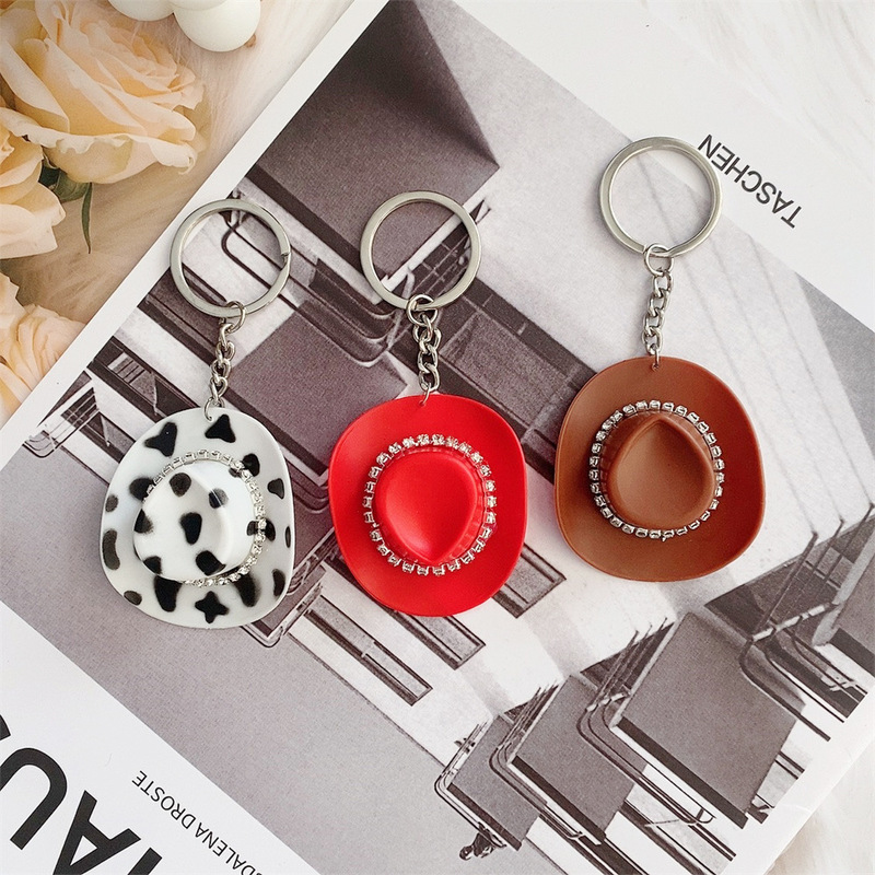 Mini Western Cowboy Hat Keychain Claw Chain Rhinestone Pendant Multi-Color Key Ring Cross-Border Hot Selling Jewelry Wholesale
