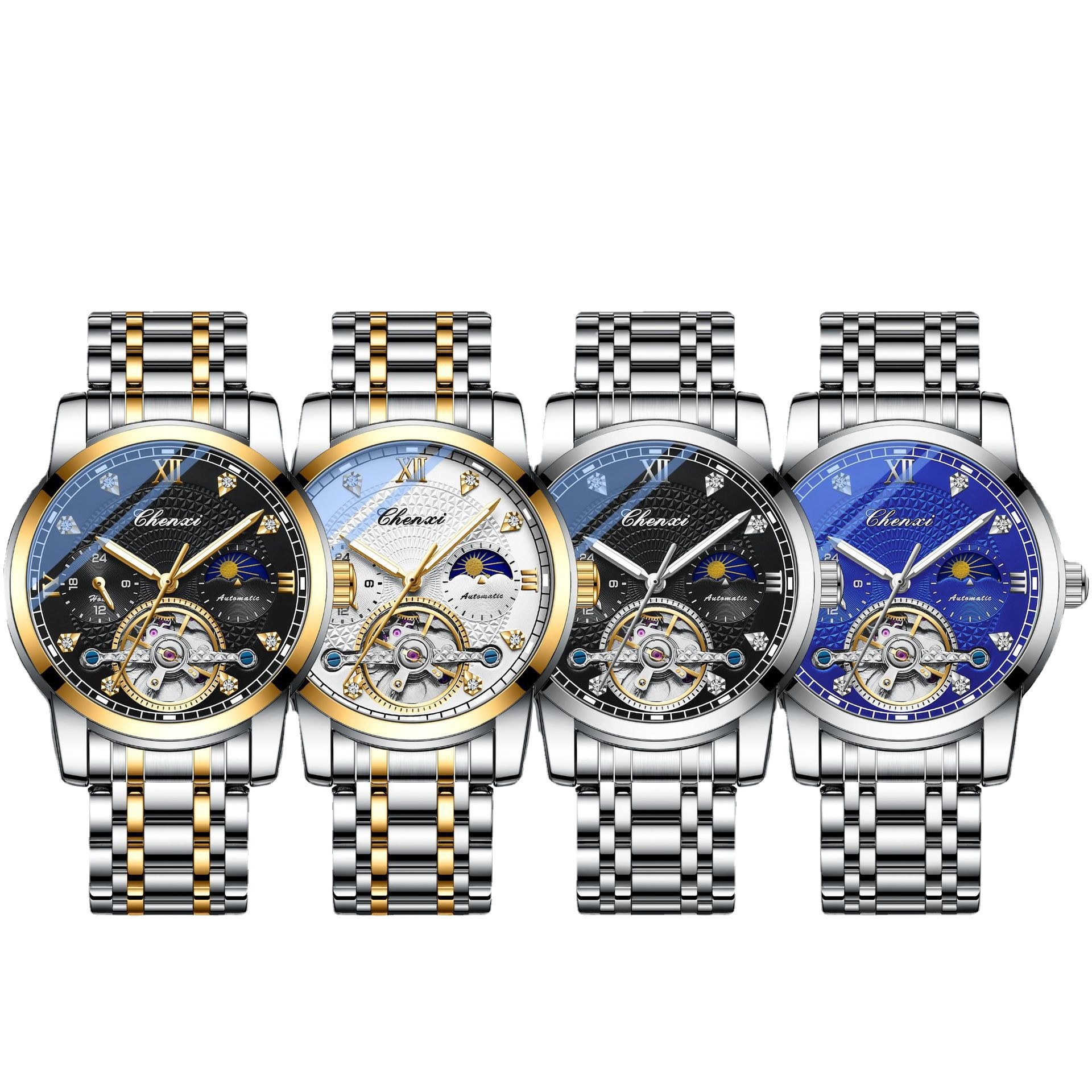 Chenxi volante hueco Sun Moon Star correa de acero impermeable reloj mecánico automático luminoso 8870