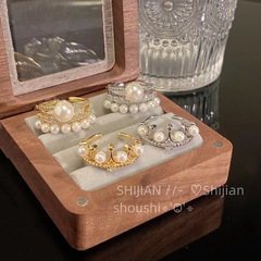 復古皇冠淡水珍珠簡約風戒指女新款輕奢法式高級感小眾設計食指戒