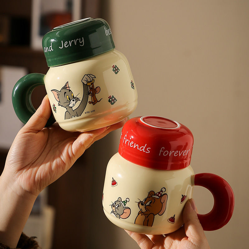 Cute gato y ratón hervidor de leche fufu taza de cerámica con cubierta taza de café para parejas de niños y niñas regalo de cumpleaños