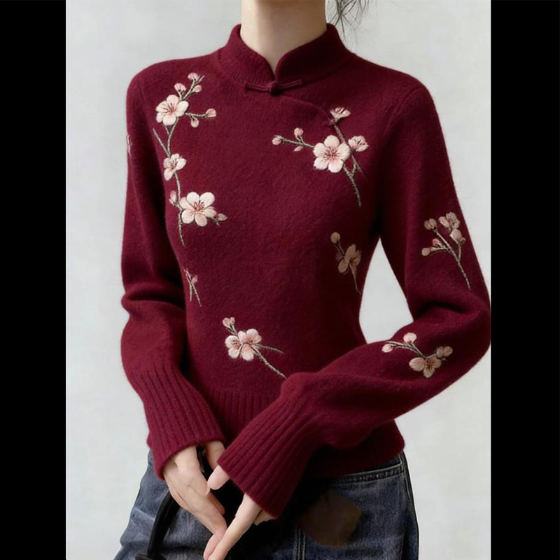 2026 Chinese Style Trend New Chinese Style Plum Blossom Embroidery Buttoned Stand Collar Sweater for Women Red Chinese Style Warm Knitwear for Women 2026 Chinese Style Trend New Chinese Style Plum Blossom Embroidery Buttoned Stand Collar Sweater for Women Red Chinese Style Warm Knitwear for Women