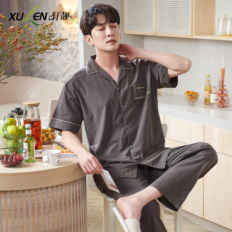 Pijamas de hombre verano Delgado 100% algodón pantalones de manga corta Cardigan a cuadros ropa para el hogar verano más traje de tamaño