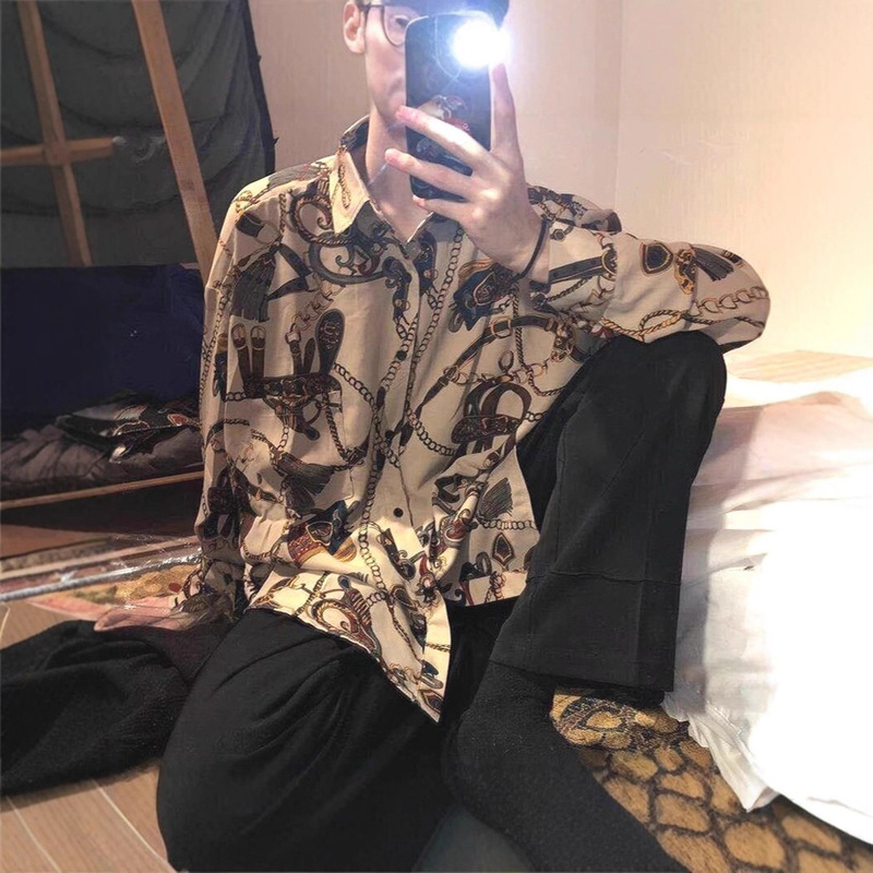 Lazy Style Golden Chain Shirt Men's Relaxed Loose Long-Sleeved American Retro Cool Thin Ice Silk Chiffon Floral Shirt Lazy Style Golden Chain Shirt Men's Relaxed Loose Long-Sleeved American Retro Cool Thin Ice Silk Chiffon Floral Shirt