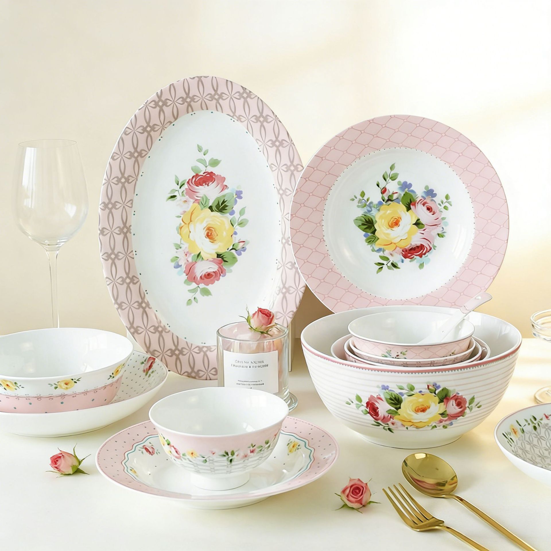 Juego de vajilla de porcelana de hueso de alto valor floral romántico, plato, cuchara, boda, nuevo hogar, vajilla de cerámica, tazón de sopa para el hogar image 1