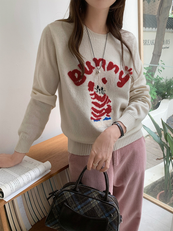新款秋冬纯羊毛衫女圆领可爱卡通提花小兔兔针织打底宽松简约毛衣|undefined