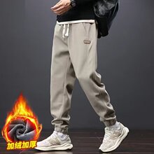 休闲加绒卫裤男士宽松运动裤加厚秋冬季大码束脚裤简约纯色长裤