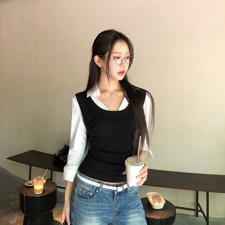 Korean-style college-style faux two-piece shirt for women, autumn design with contrasting colors, slim fit, elegant and versatile long-sleeve top