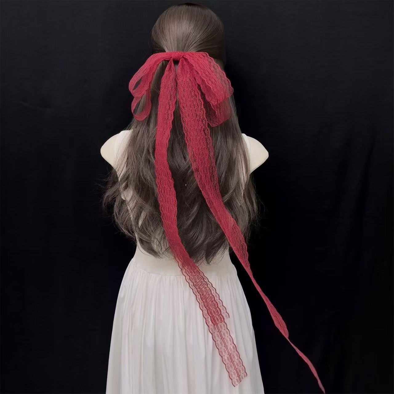 Extra-long red lace ribbon bow hairpin, fairy-style new Chinese-style Hanfu accessory, half-tied hair ornament