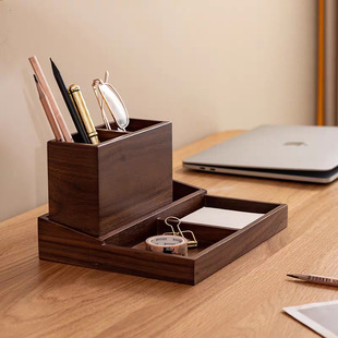 Hongyitang Black Walnut Multifunctional Pen Holder Women's ins Creative Retro Desktop Study Storage Box Town Store Treasure