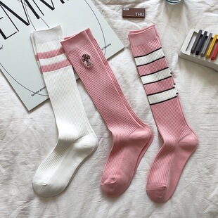 Spring and summer high-rise jk calf socks Korean pink striped bamboo cotton knee-length women's stockings embroidered Japanese socks
