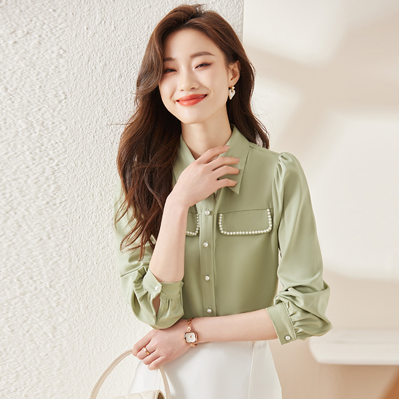 Chanel Style Beaded Shirt Women's Spring New Elegant All-match Inner Long Sleeve Top Commuter Dating Shirt All-match