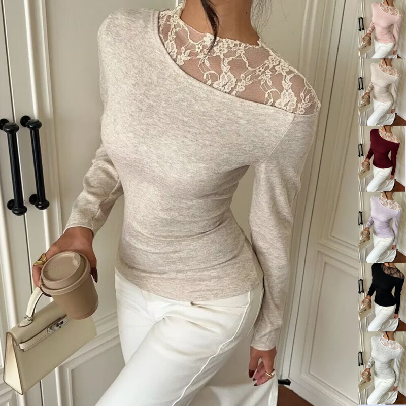European and American cross-border Amazon women's clothing 2026 autumn and winter versatile lace spliced knitted long-sleeve T-shirt base shirt top European and American cross-border Amazon women's clothing 2026 autumn and winter versatile lace spliced knitted long-sleeve T-shirt base shirt top