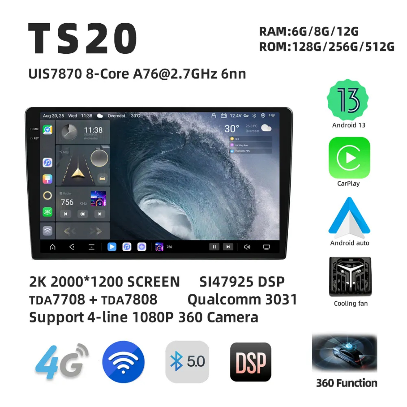 Dingwei 7870TS20 eight nuclear changeable host Android car large screen navigation GPS intelligent navigation carplay